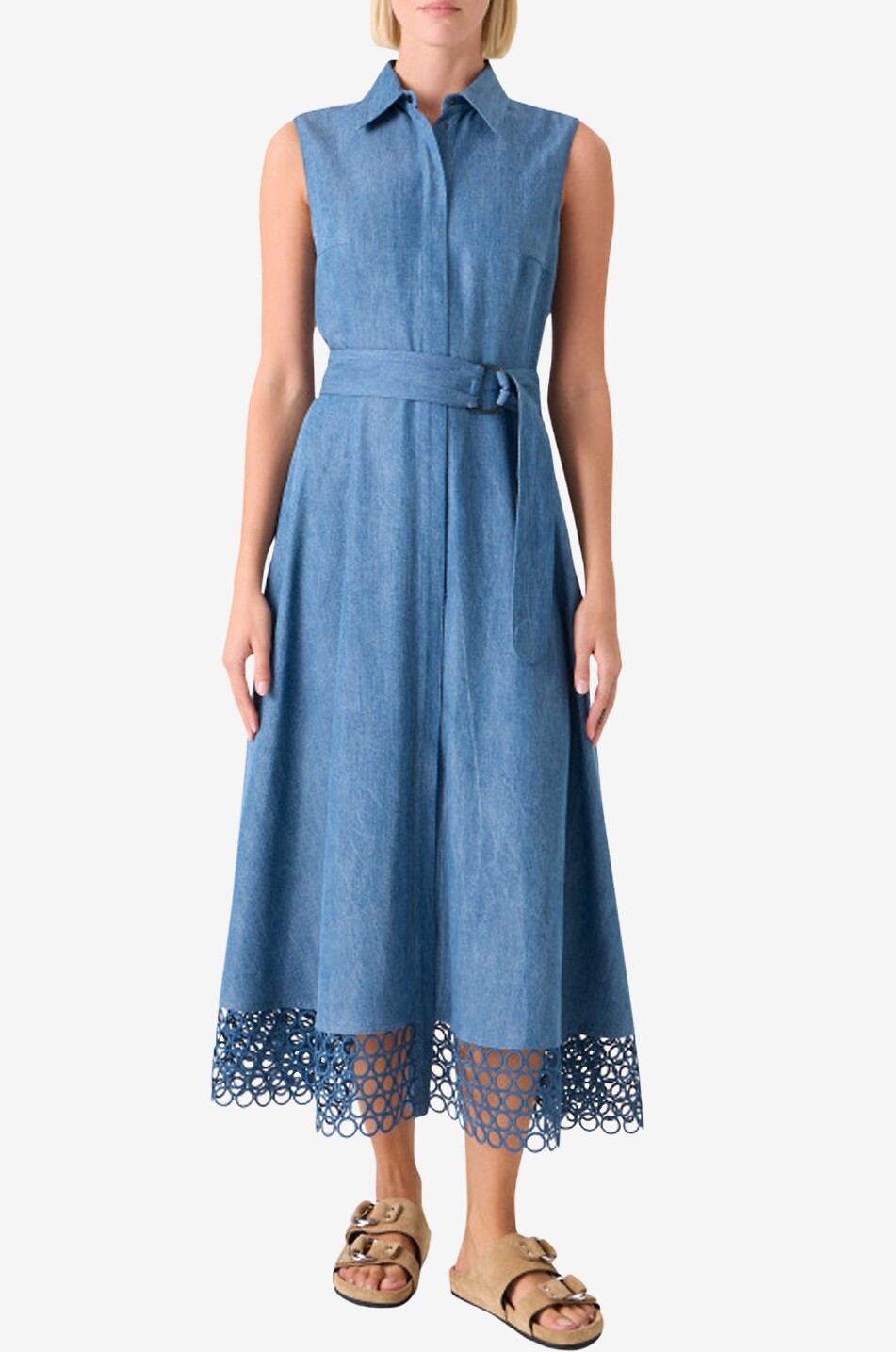 AKRIS PUNTO Belted sleeveless denim midi shirt dress Women MEDIUM BLUE 3