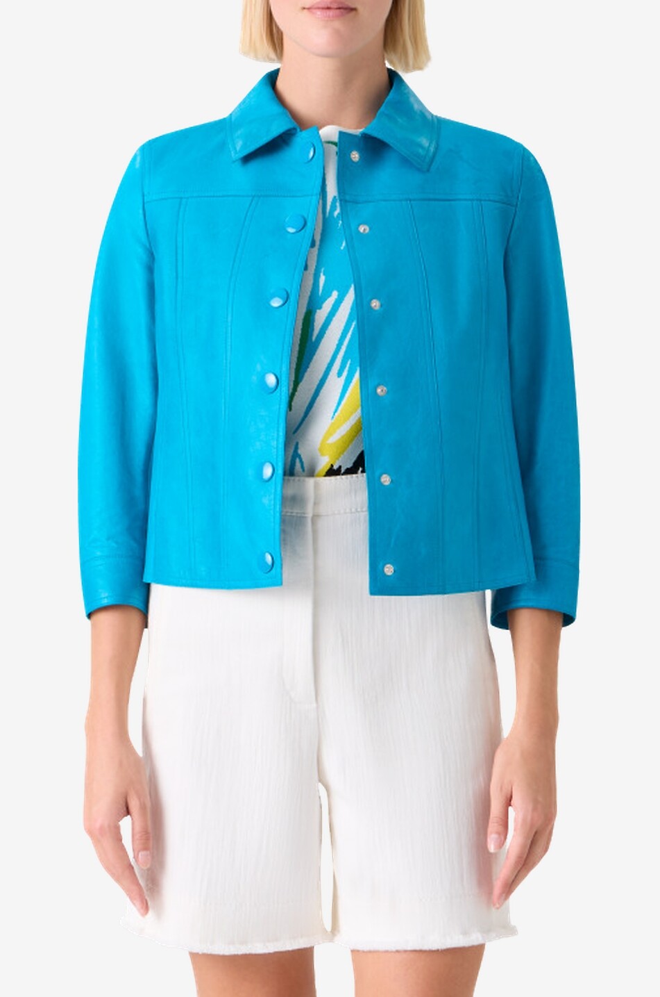 AKRIS PUNTO Veste courte à col chemise en cuir Femme BLEU CLAIR 3