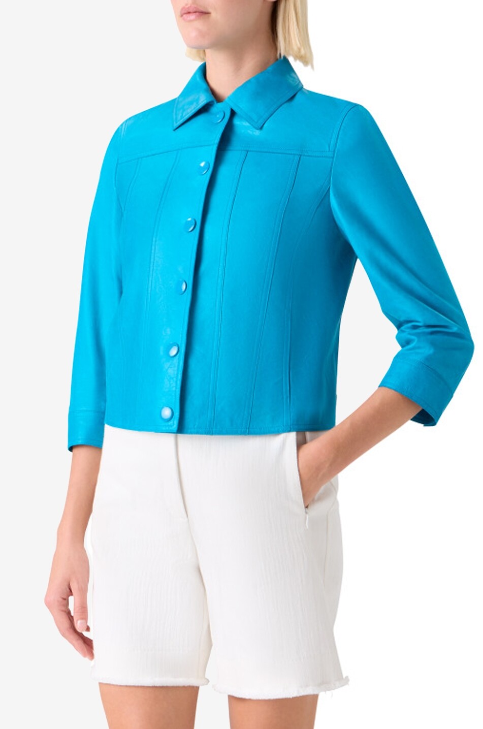 AKRIS PUNTO Veste courte à col chemise en cuir Femme BLEU CLAIR 6