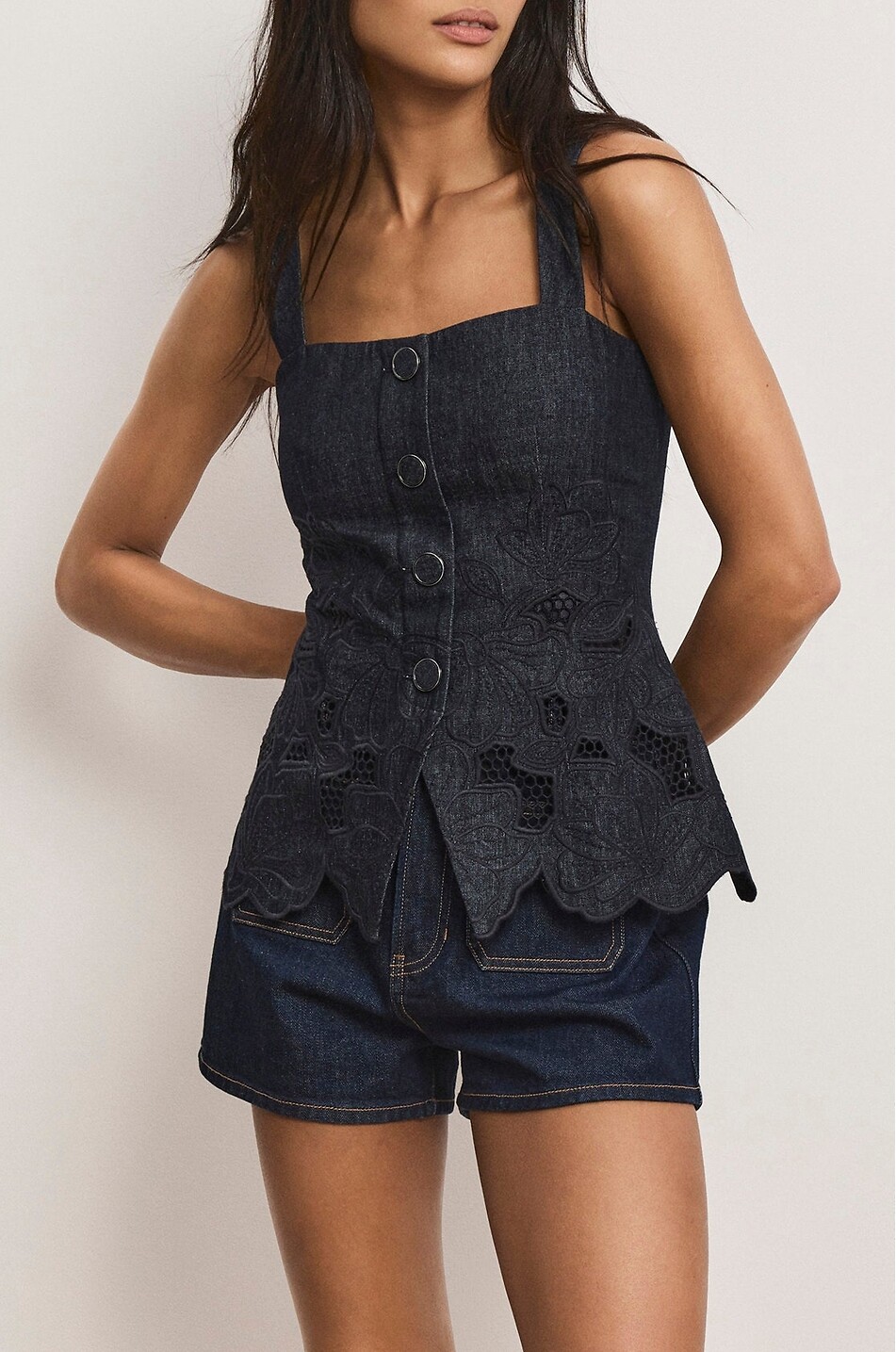 VERONICA BEARD Mirielle embroidered denim square-neck top Women DARK BLUE 4