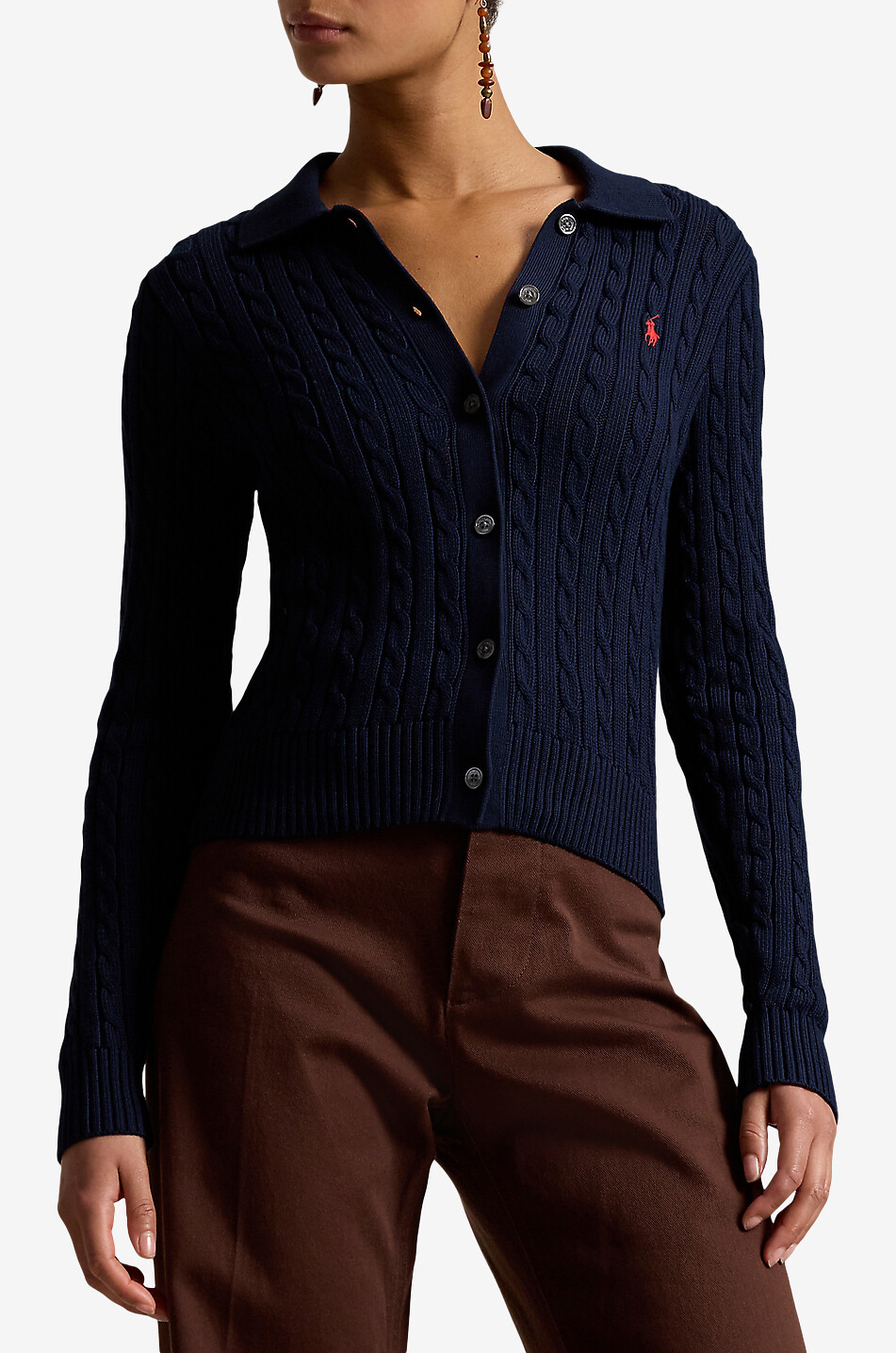 POLO RALPH LAUREN Schmaler geknöpfter Zopfstrick-Cardigan aus Baumwolle mit Hemdkragen Polo Damen DUNKELBLAU 3