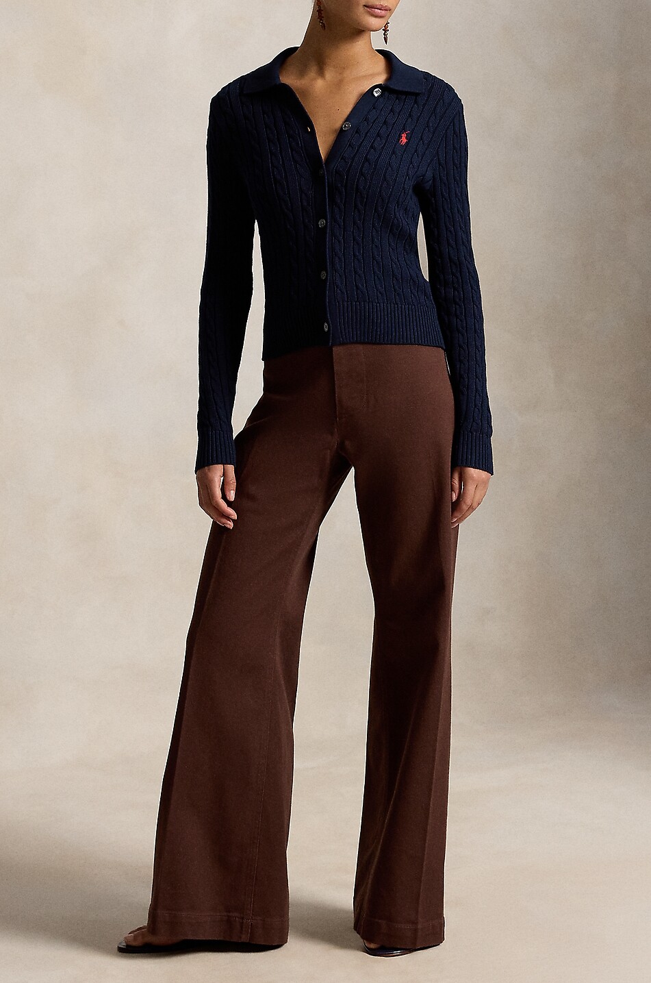 POLO RALPH LAUREN Schmaler geknöpfter Zopfstrick-Cardigan aus Baumwolle mit Hemdkragen Polo Damen DUNKELBLAU 6