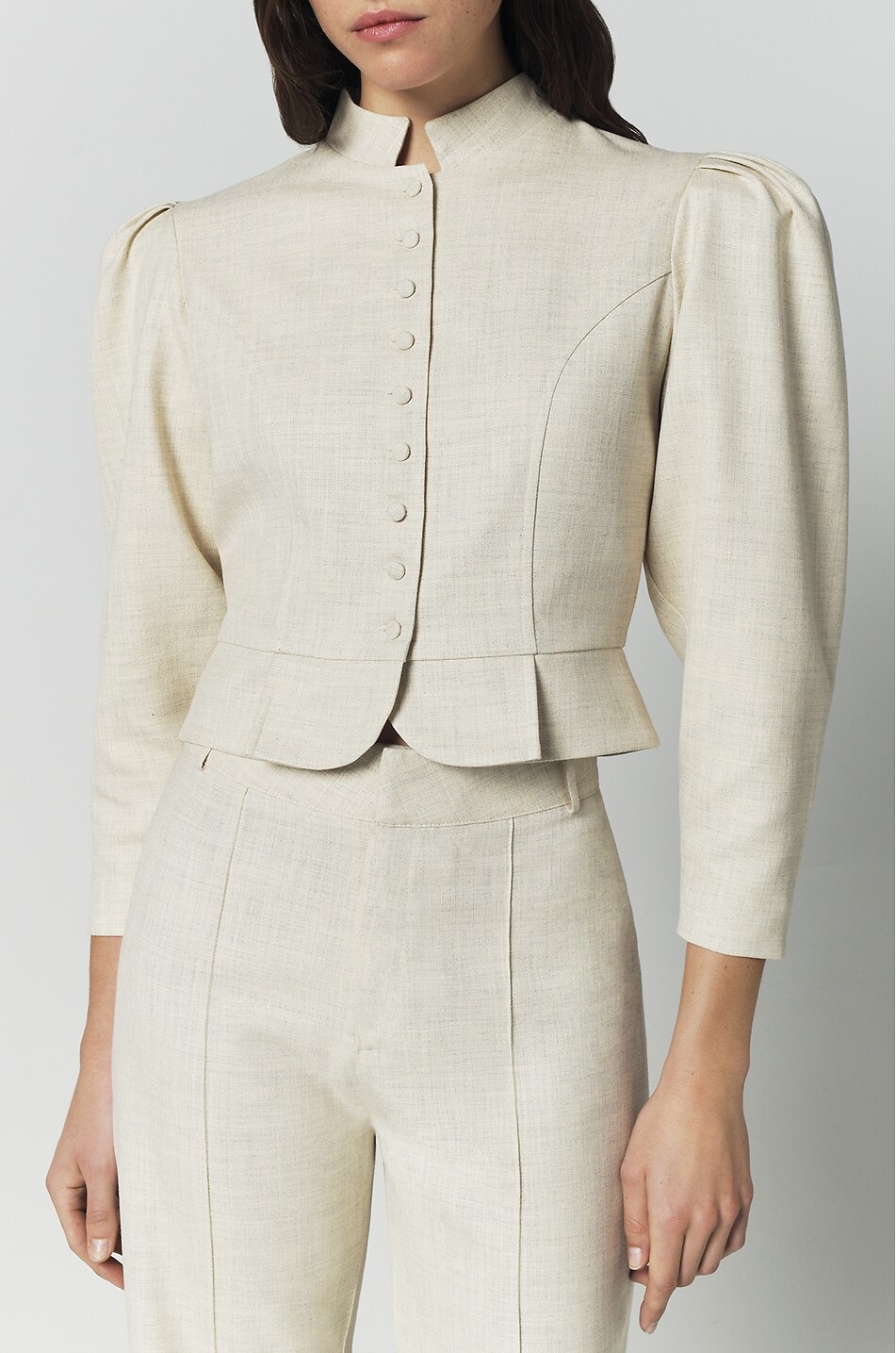 DESTREE Amoako Miele short viscose blend lightweight mandarin collar puffed sleeve jacket Women [akeneo-beigefonce] 3