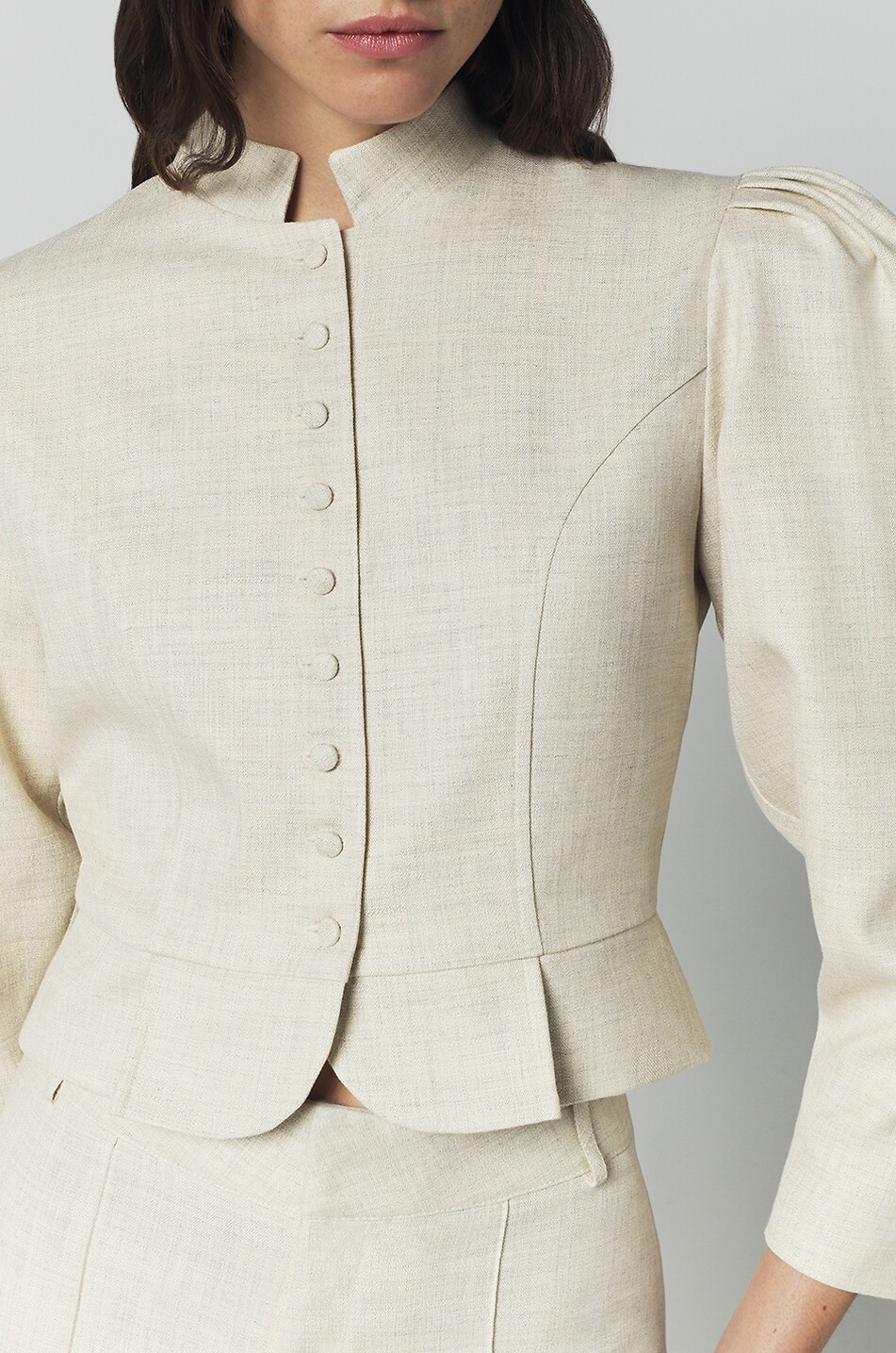 DESTREE Amoako Miele short viscose blend lightweight mandarin collar puffed sleeve jacket Women [akeneo-beigefonce] 4