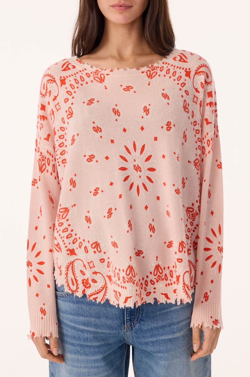 KUJTEN Pullover mit Rundhalsausschnitt aus Kaschmir mit Print Mela Bandana Damen HELLROSA 4