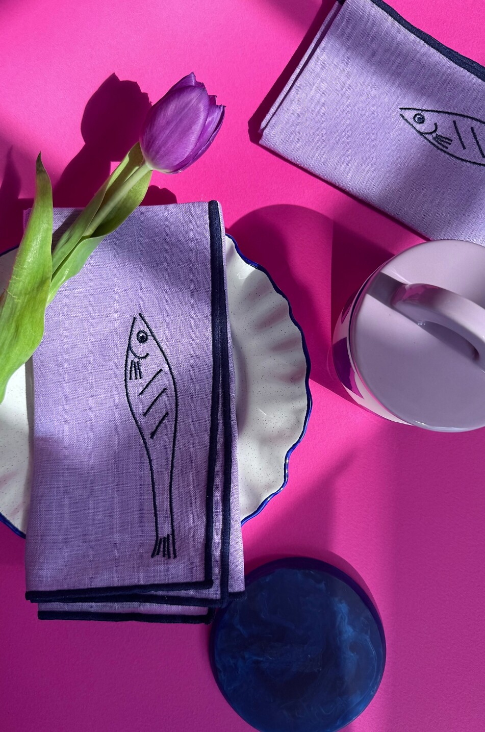 MAEGEN Lot de deux serviettes de table en lin brodé motif poisson Maison VIOLET 4