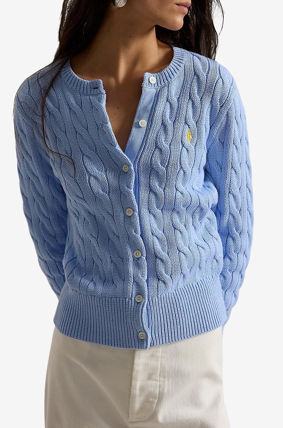 POLO RALPH LAUREN Cardigan torsadé à col rond en coton Pony Femme BLEU CLAIR 2
