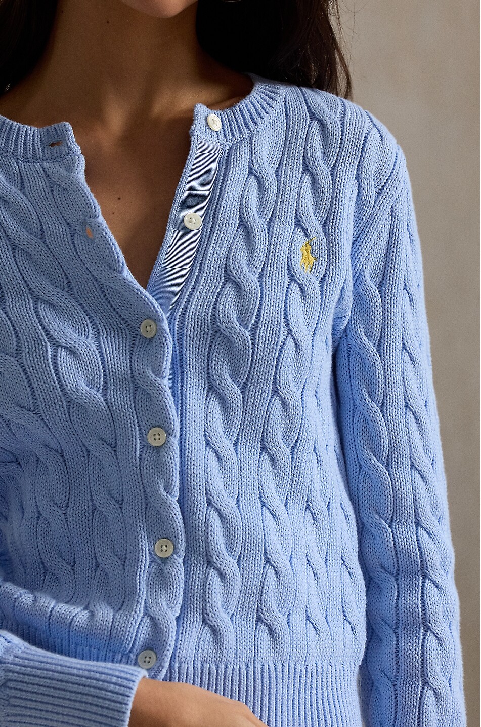 POLO RALPH LAUREN Cardigan torsadé à col rond en coton Pony Femme BLEU CLAIR 5