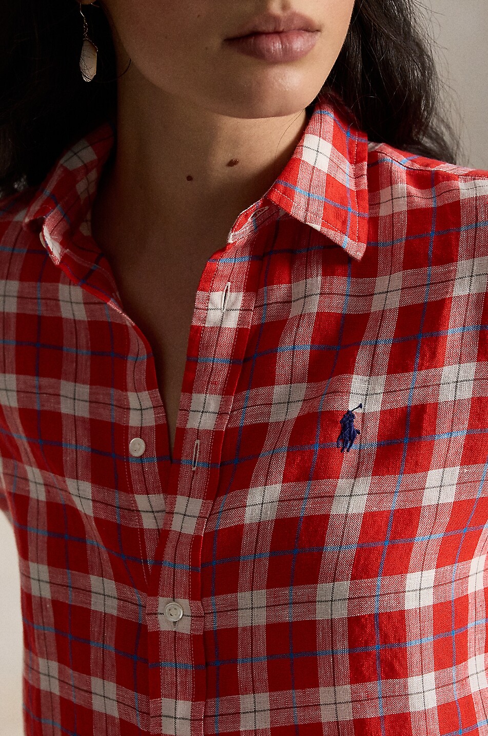 POLO RALPH LAUREN Kariertes Hemd aus Leinen Pony Damen ROT 5