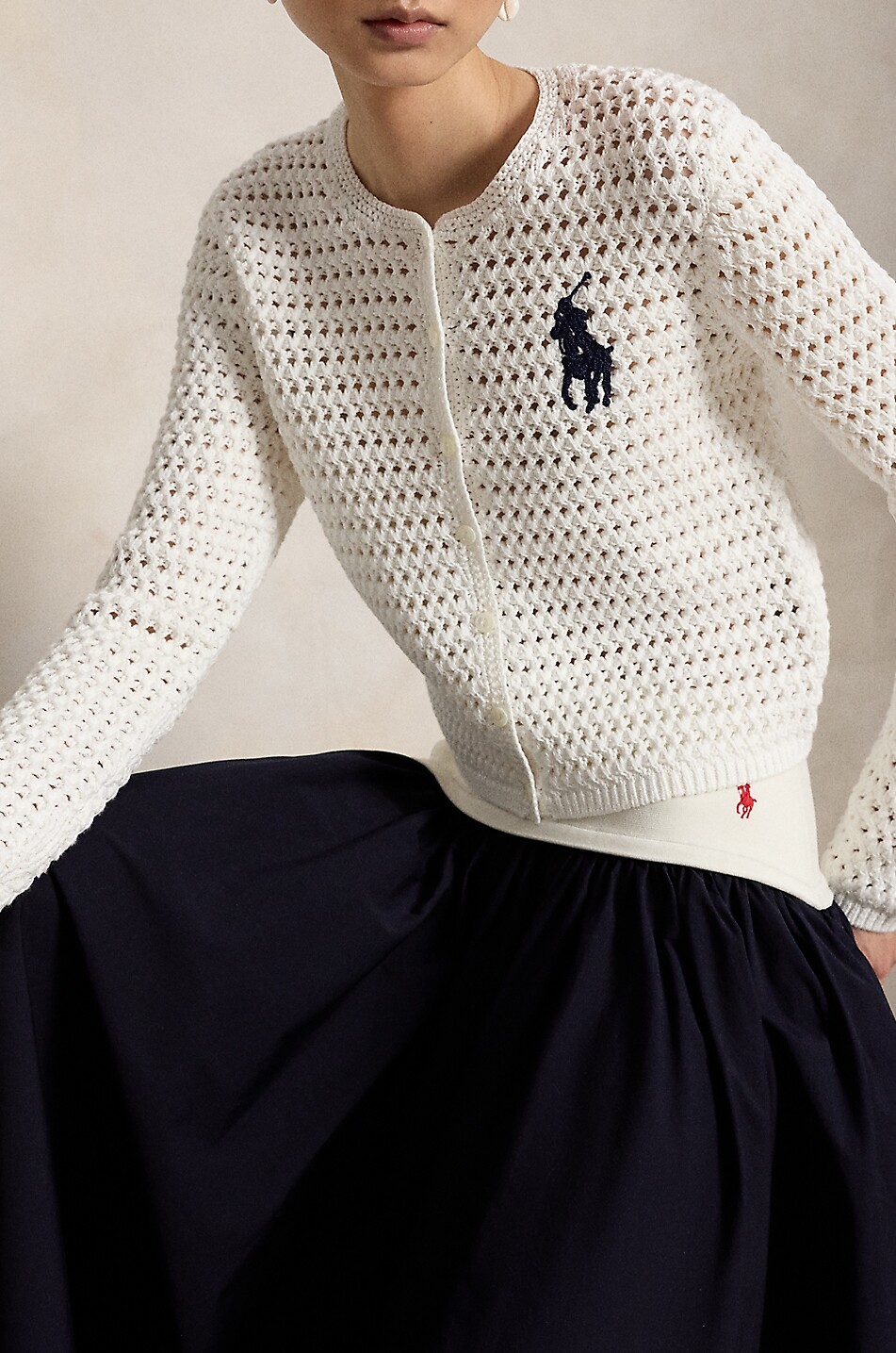 POLO RALPH LAUREN Big Ponycrop fitted cotton openwork knit cardigan Women WHITE 2