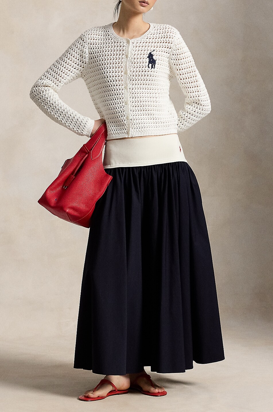 POLO RALPH LAUREN Big Ponycrop fitted cotton openwork knit cardigan Women WHITE 3