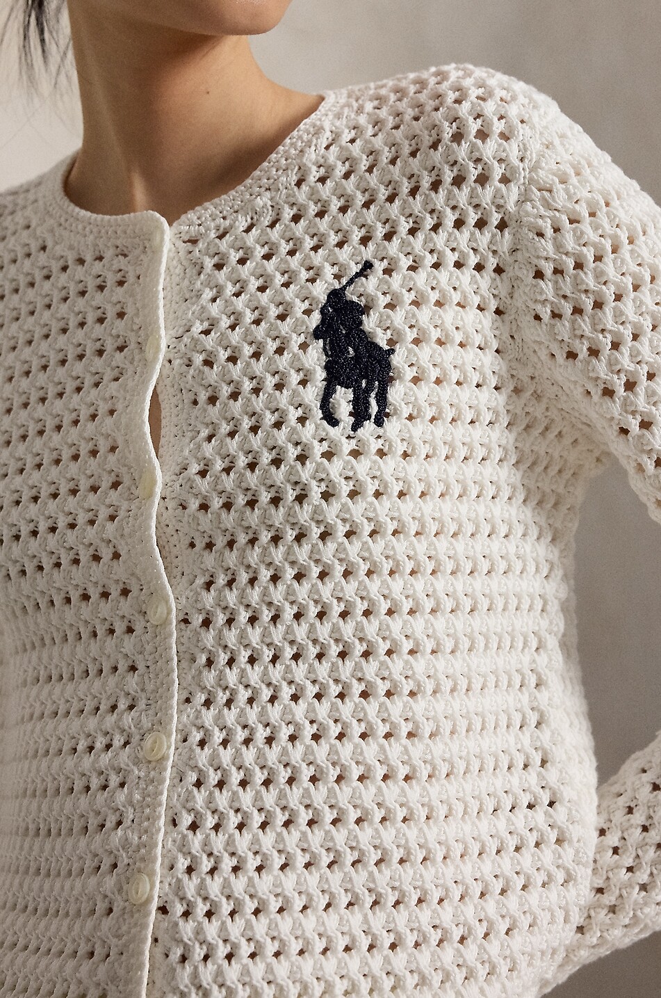POLO RALPH LAUREN Big Ponycrop fitted cotton openwork knit cardigan Women WHITE 4