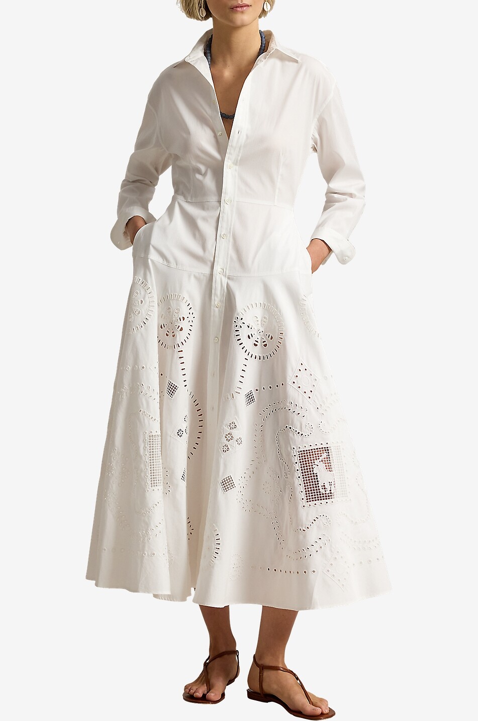 POLO RALPH LAUREN Robe chemise mi-longue cintrée ornée d'œillets en coton Femme BLANC 2