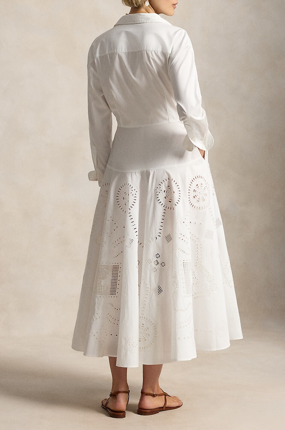 POLO RALPH LAUREN Robe chemise mi-longue cintrée ornée d'œillets en coton Femme BLANC 3