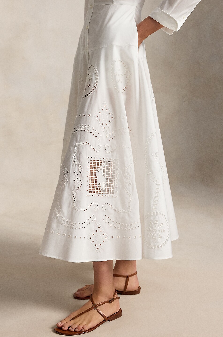 POLO RALPH LAUREN Robe chemise mi-longue cintrée ornée d'œillets en coton Femme BLANC 4
