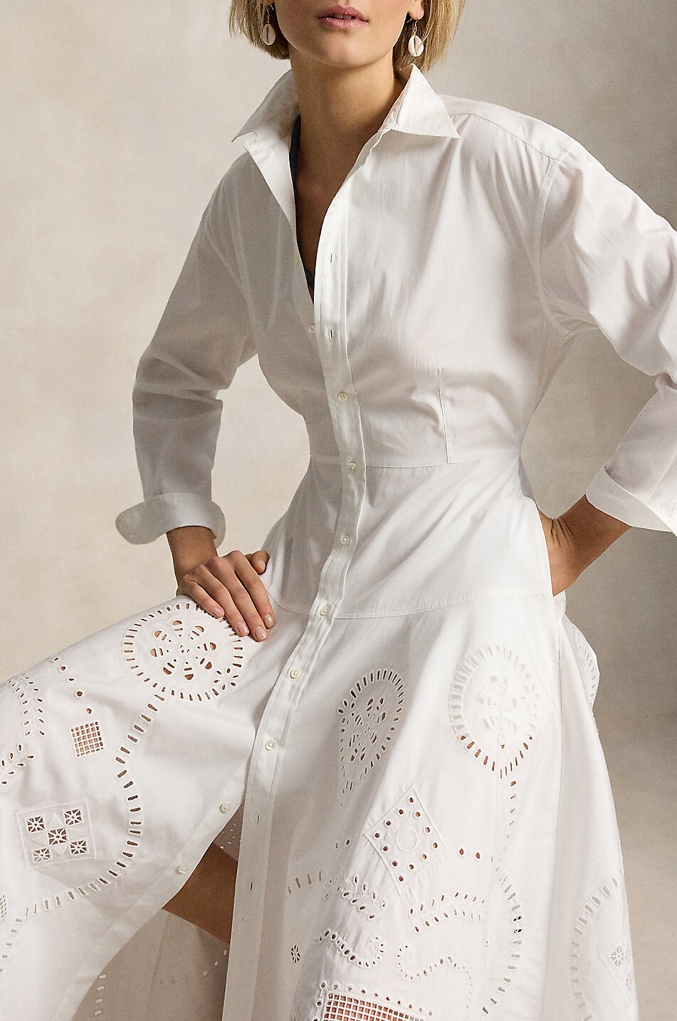 POLO RALPH LAUREN Robe chemise mi-longue cintrée ornée d'œillets en coton Femme BLANC 5