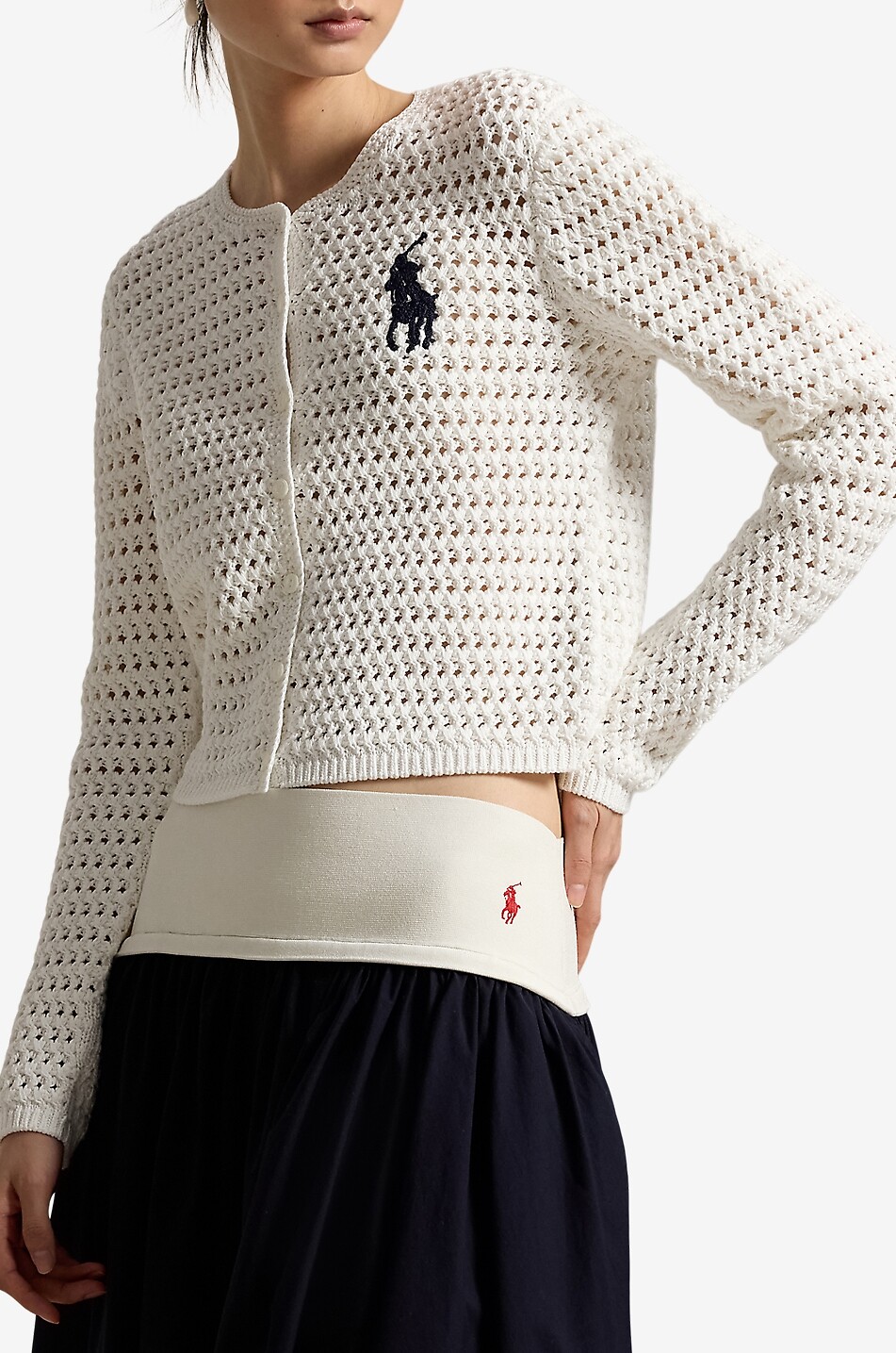 POLO RALPH LAUREN Big Ponycrop fitted cotton openwork knit cardigan Women WHITE 5