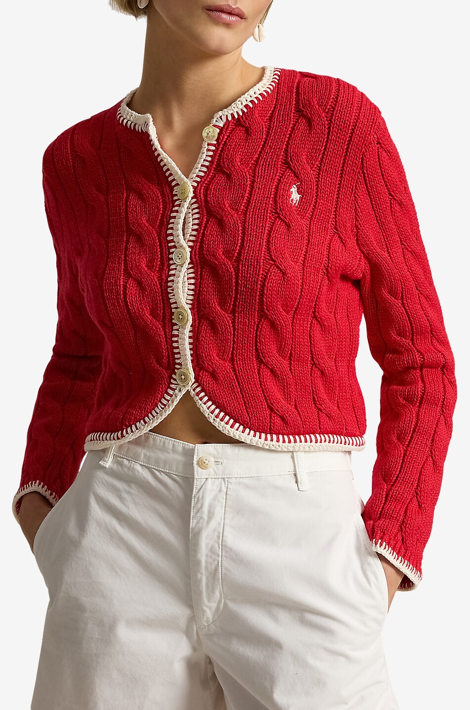 POLO RALPH LAUREN Cardigan torsadé en coton Pony Cropped Fit Femme ROUGE 2