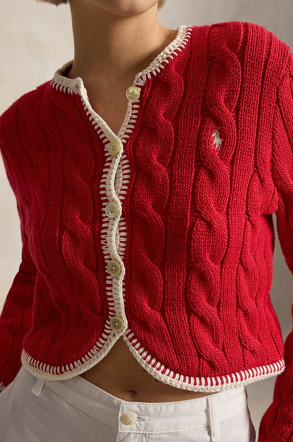POLO RALPH LAUREN Cardigan torsadé en coton Pony Cropped Fit Femme ROUGE 5