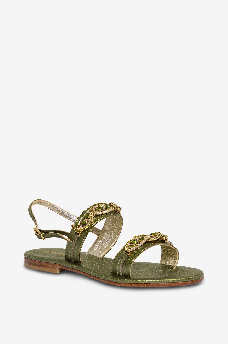 BONGENIE Olivina flat metallic-leather sandals embellished with crystals and beads Women GREEN 1
