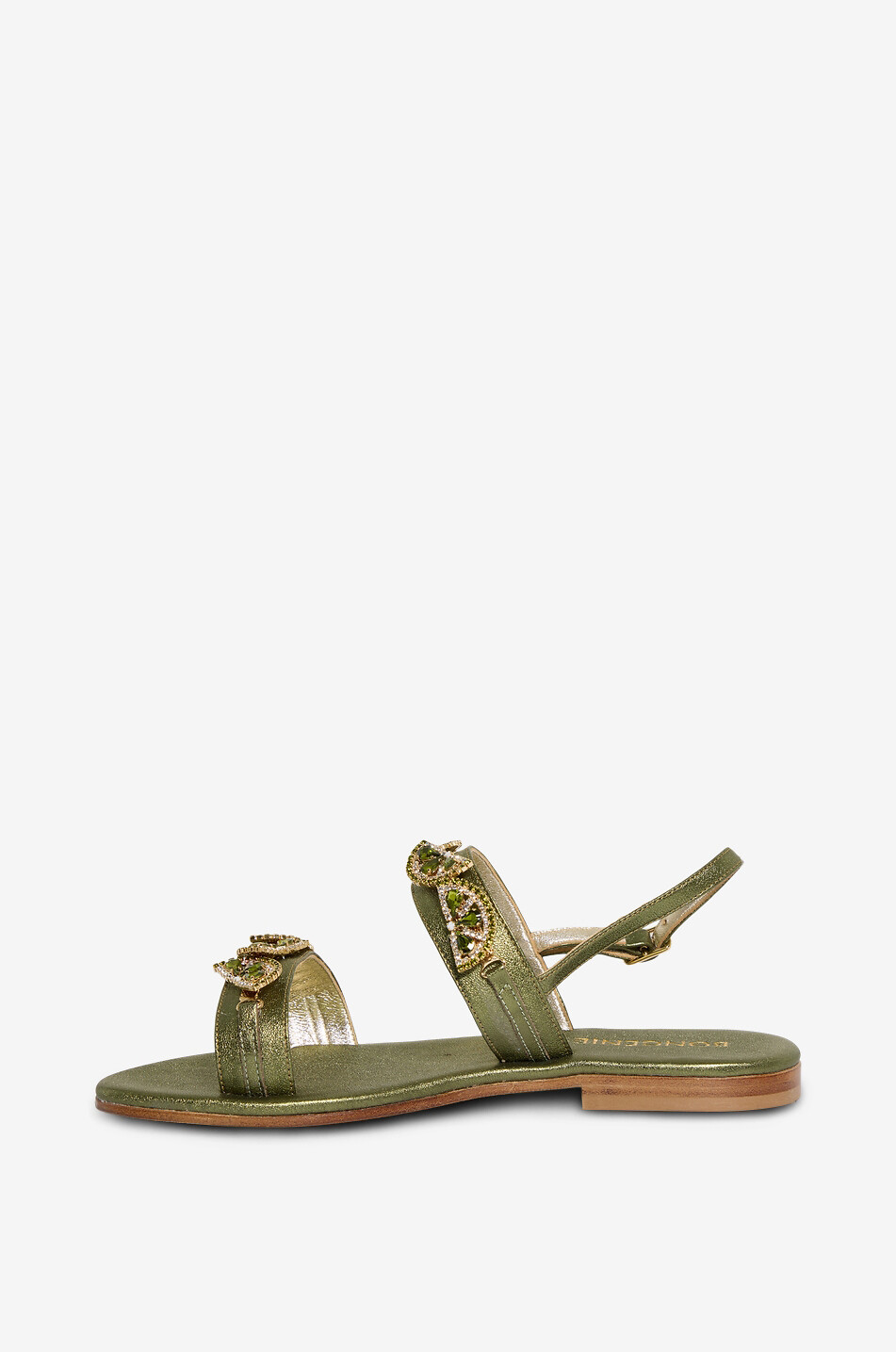BONGENIE Olivina flat metallic-leather sandals embellished with crystals and beads Women GREEN 3