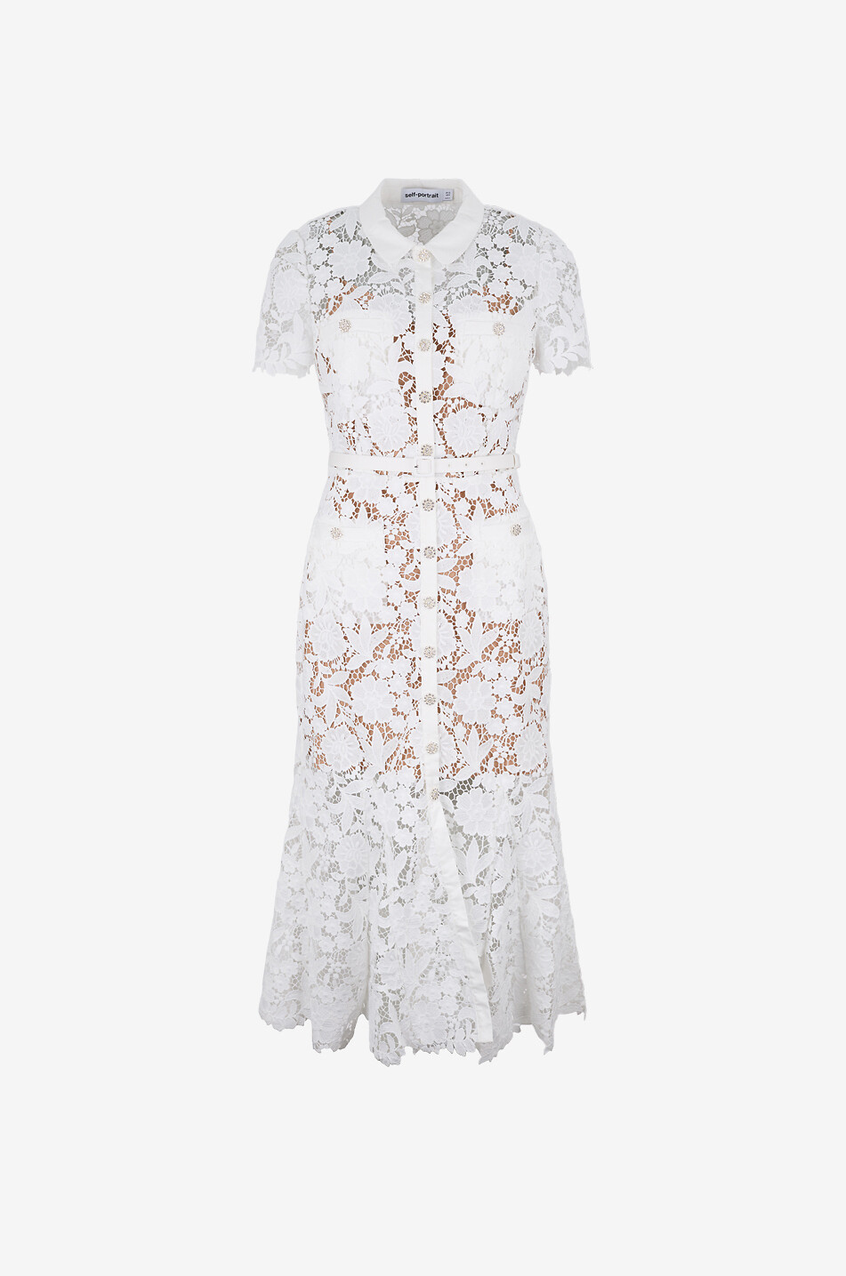 SELF PORTRAIT Fitted mid-length shirt collar floral lace dress Women WHITE 1