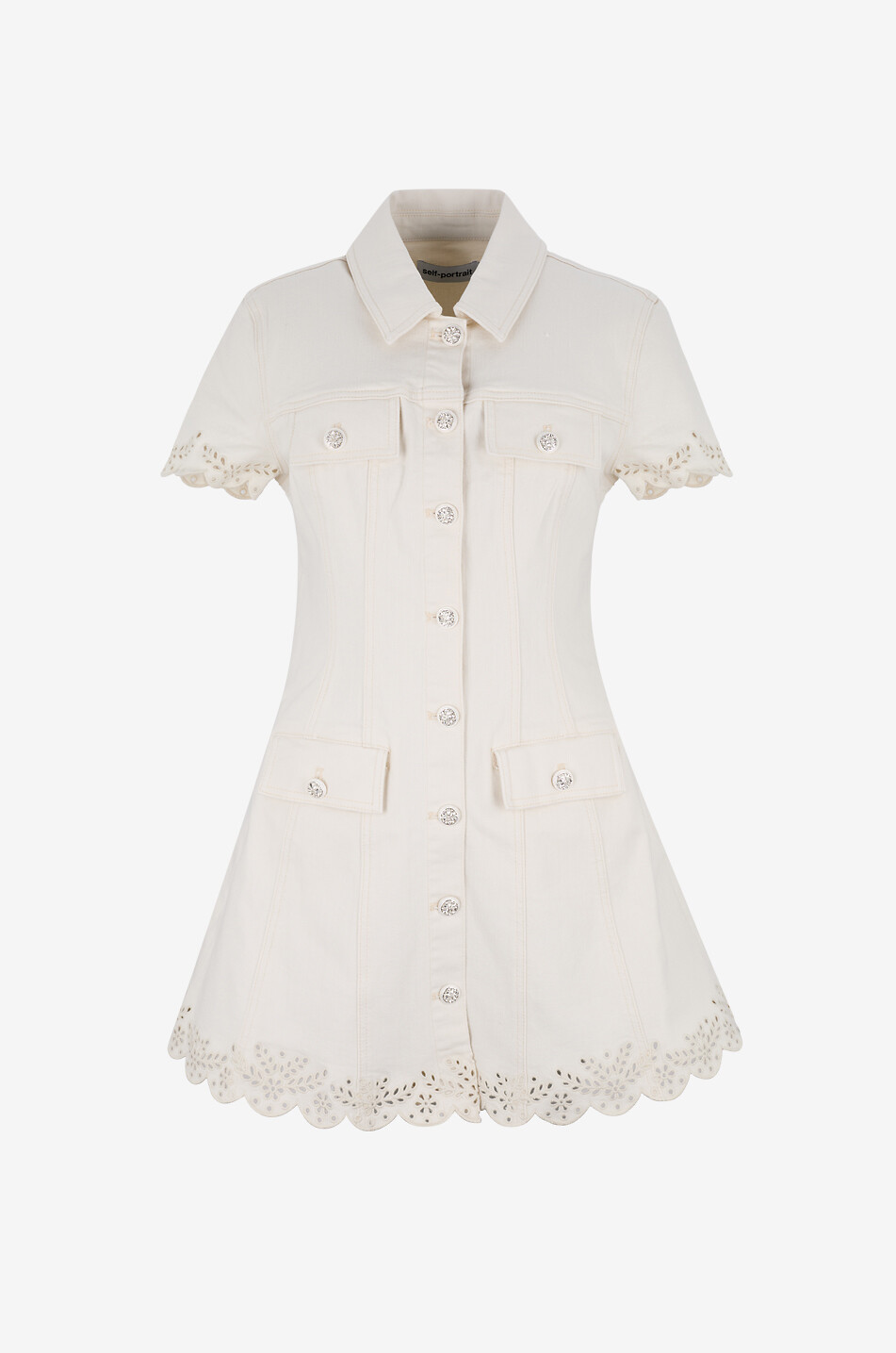 SELF PORTRAIT Short fitted cotton denim shirt dress Women EGGSHELL 1