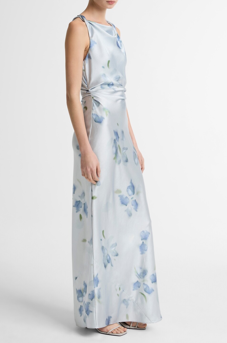 VINCE Robe longue cintrée à col bénitier imprimé floral Femme BLEU CLAIR 3