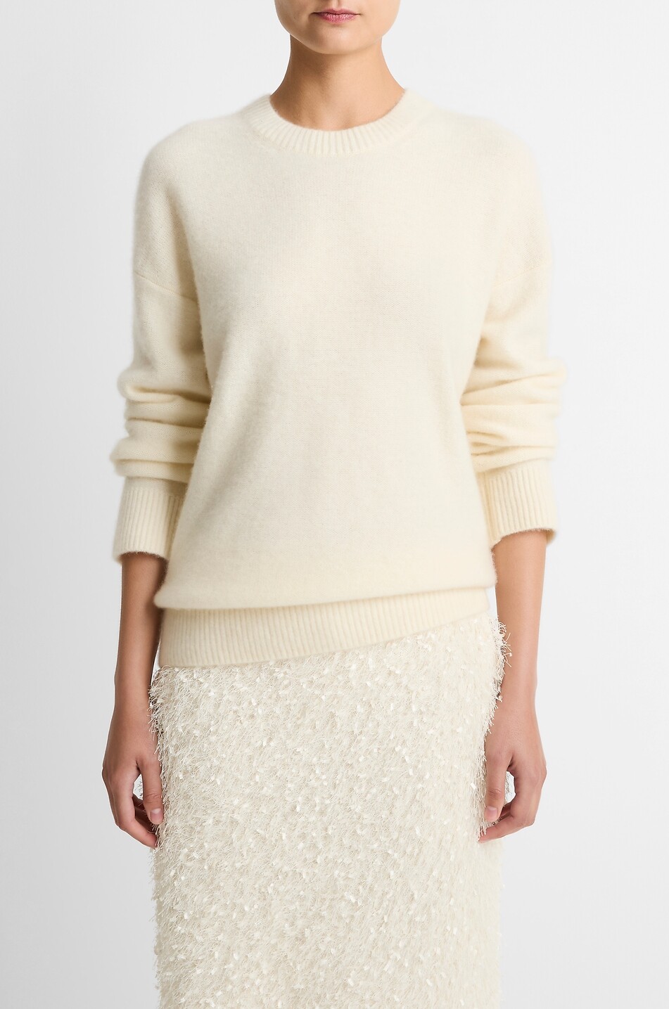 VINCE Pull en cachemire à col rond côtelé Femme BLANC CASSE 6