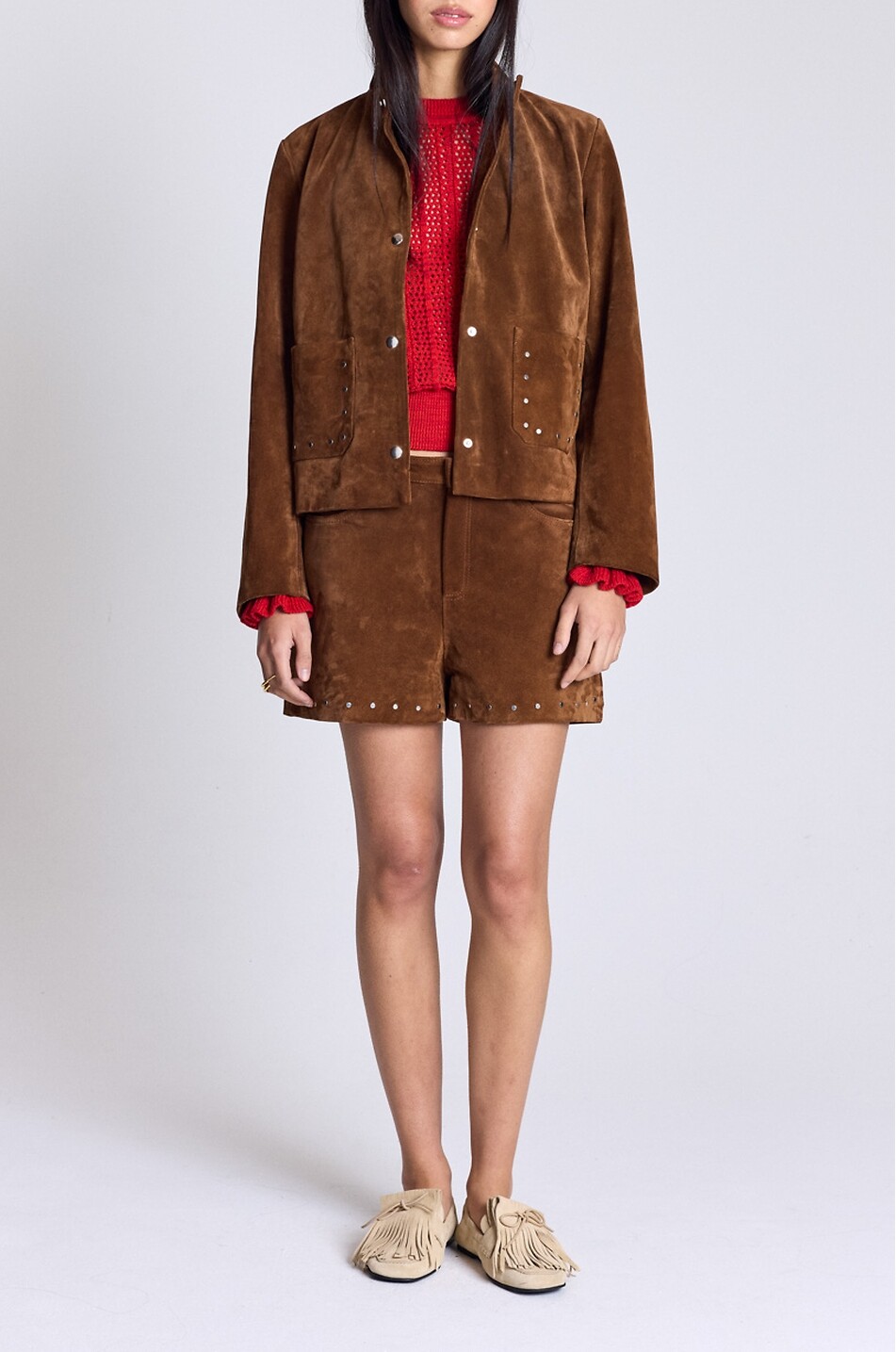 BALZAC PARIS Veste courte à col montant en cuir daim Isolde Femme MARRON 2