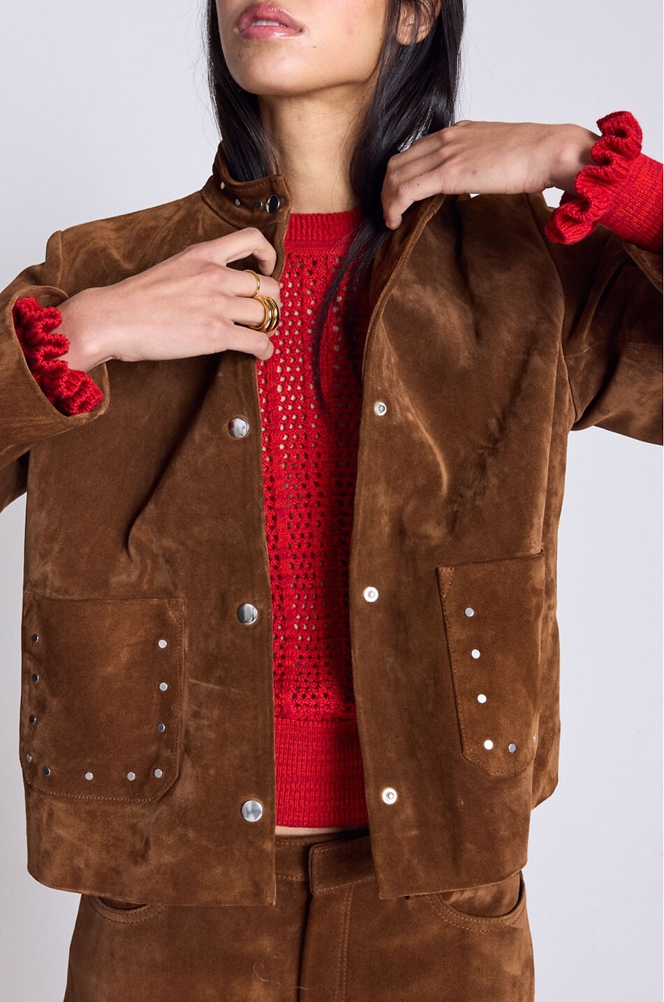 BALZAC PARIS Veste courte à col montant en cuir daim Isolde Femme MARRON 4