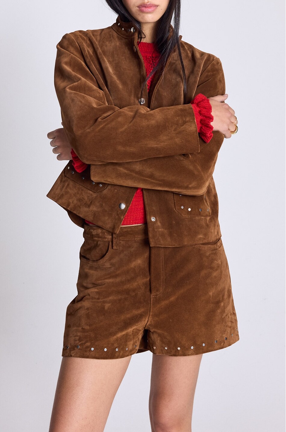 BALZAC PARIS Veste courte à col montant en cuir daim Isolde Femme MARRON 5