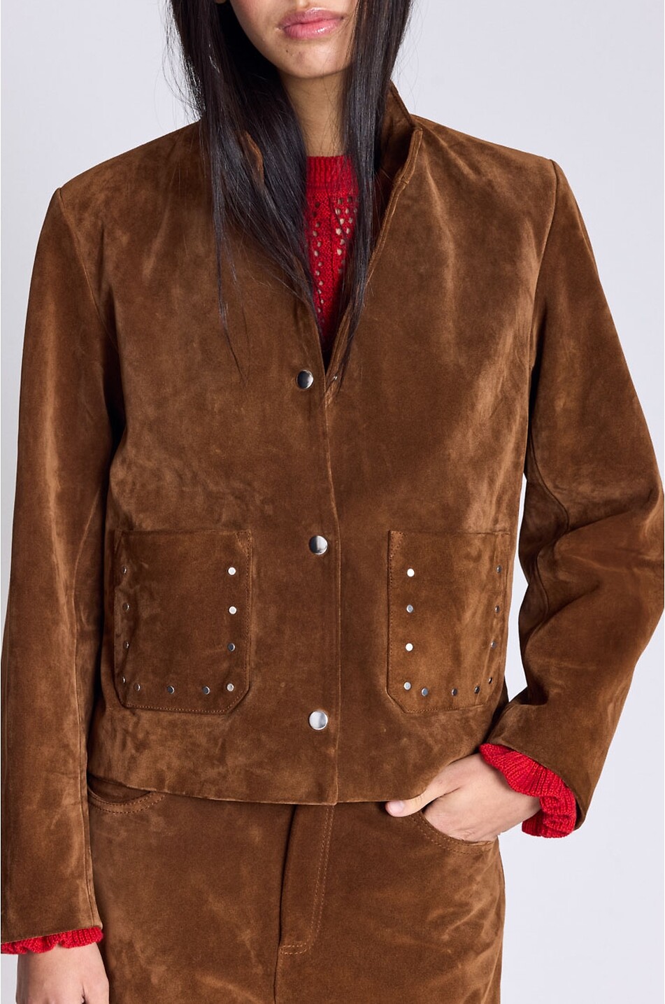 BALZAC PARIS Veste courte à col montant en cuir daim Isolde Femme MARRON 6
