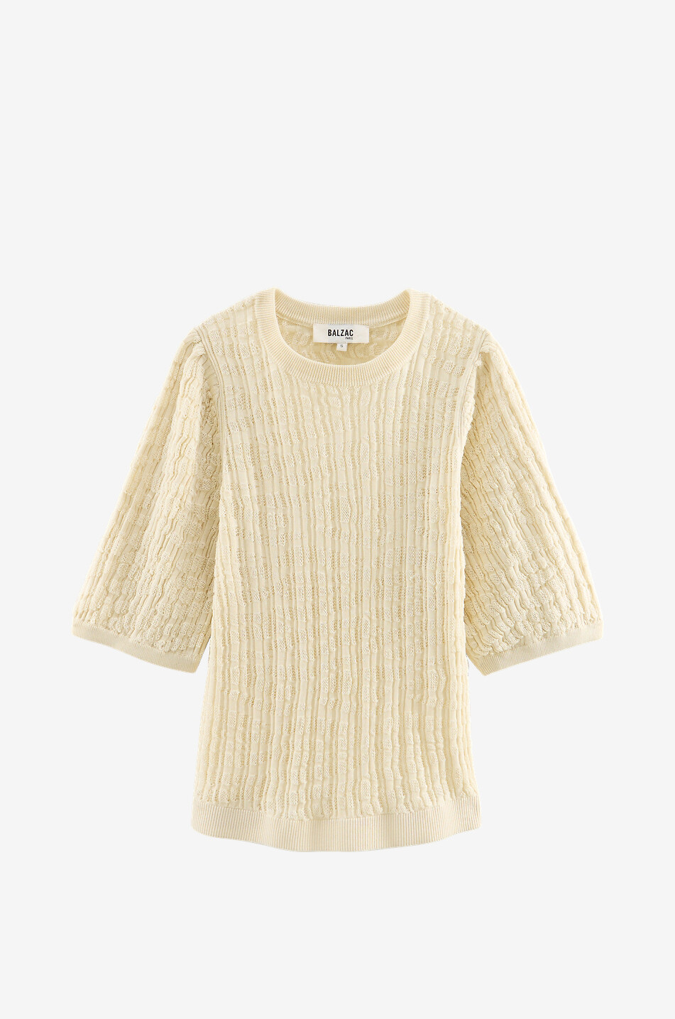 BALZAC PARIS Top à manches courtes bouffantes en maille ajourée de coton Oriane Femme BLANC CASSE 1