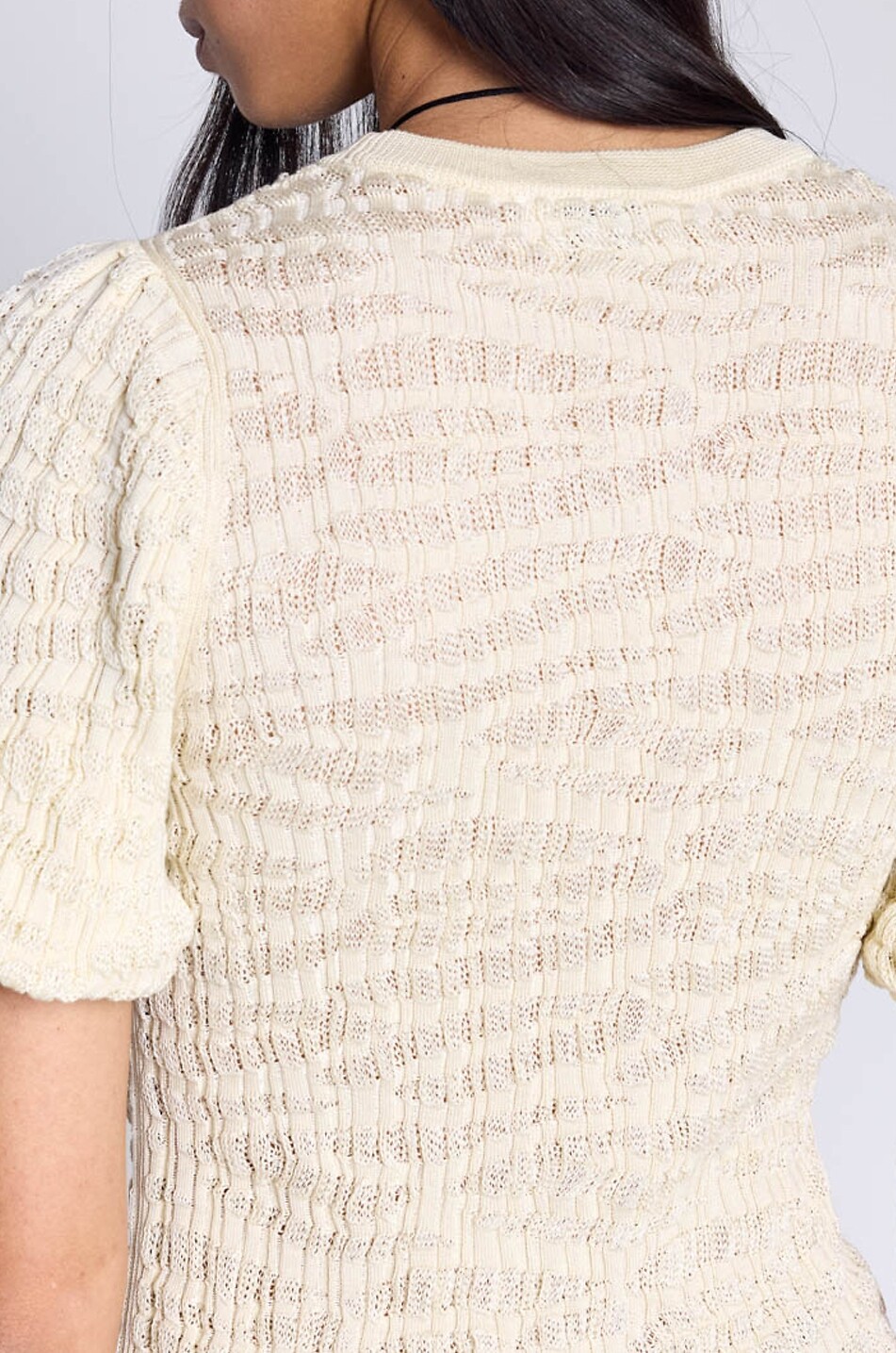 BALZAC PARIS Top à manches courtes bouffantes en maille ajourée de coton Oriane Femme BLANC CASSE 3