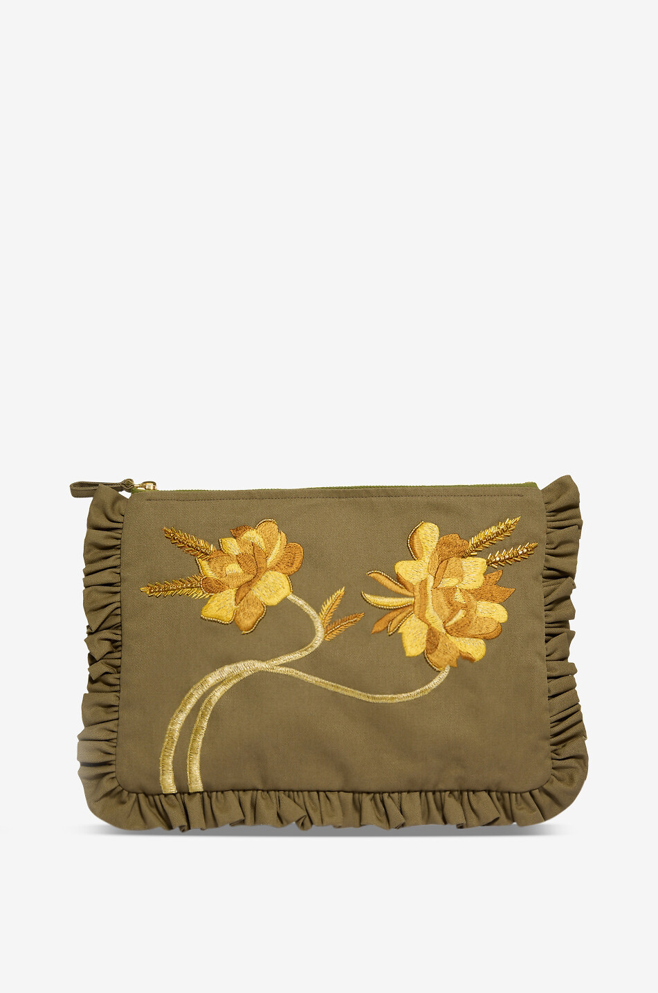LA DOUBLEJ Pochette à volants brodée floral en coton Femme KAKI 1