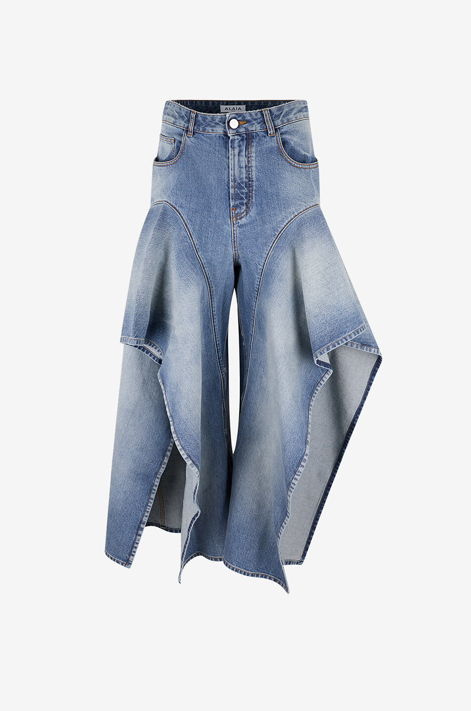Flared denim jeans with ruffled cotton