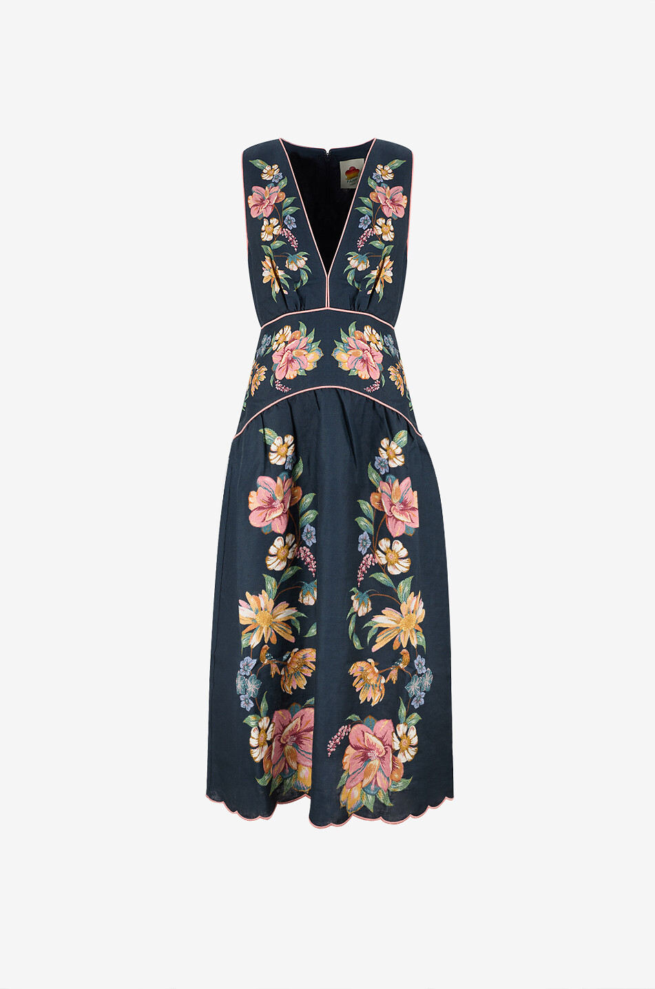 Robe midi cintrée à col V en lin floral