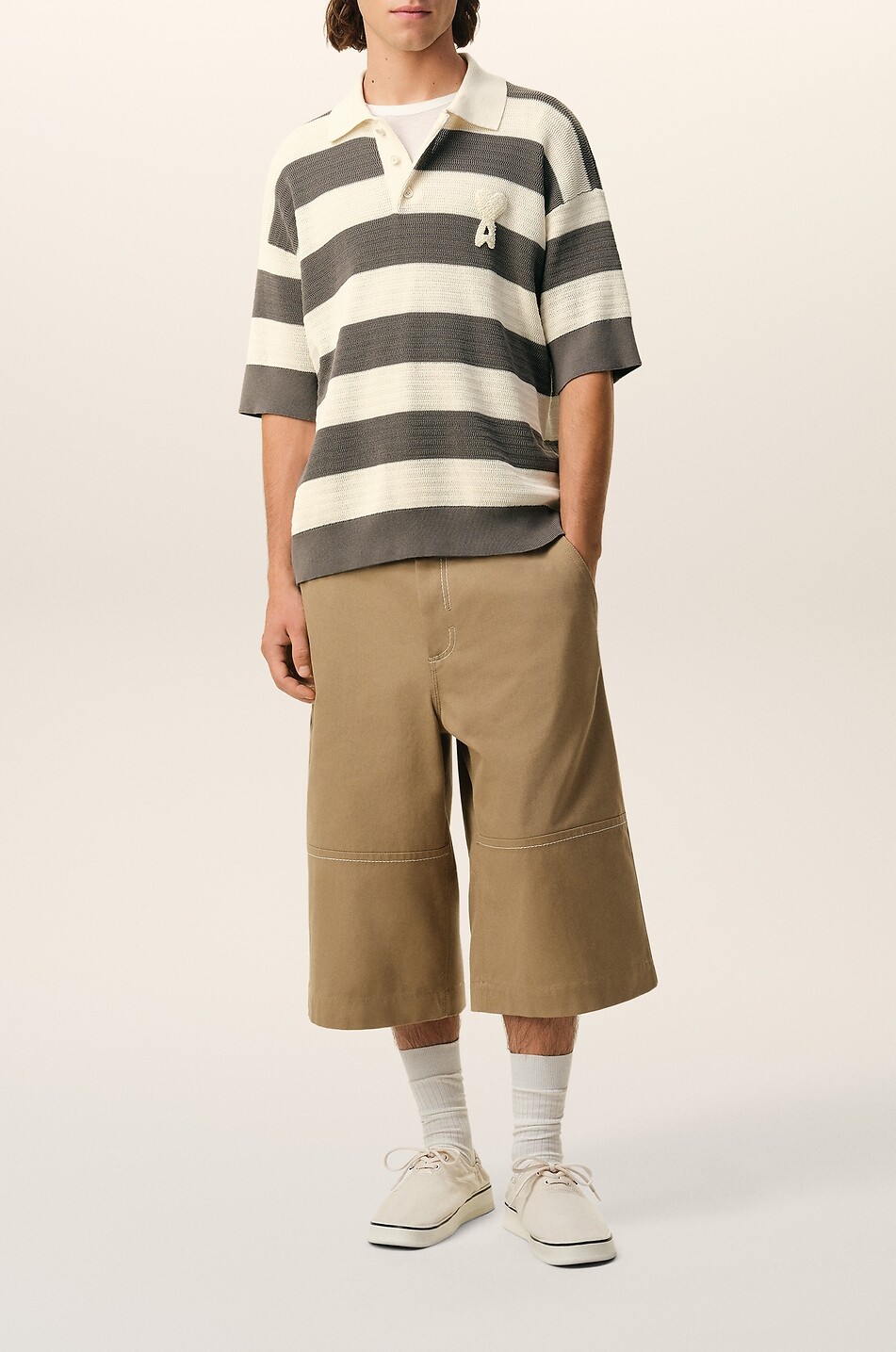 AMI Gestreiftes Polo aus durchbrochenem Baumwollstrick Ami De Coeur Herren MITTELGRAU 2