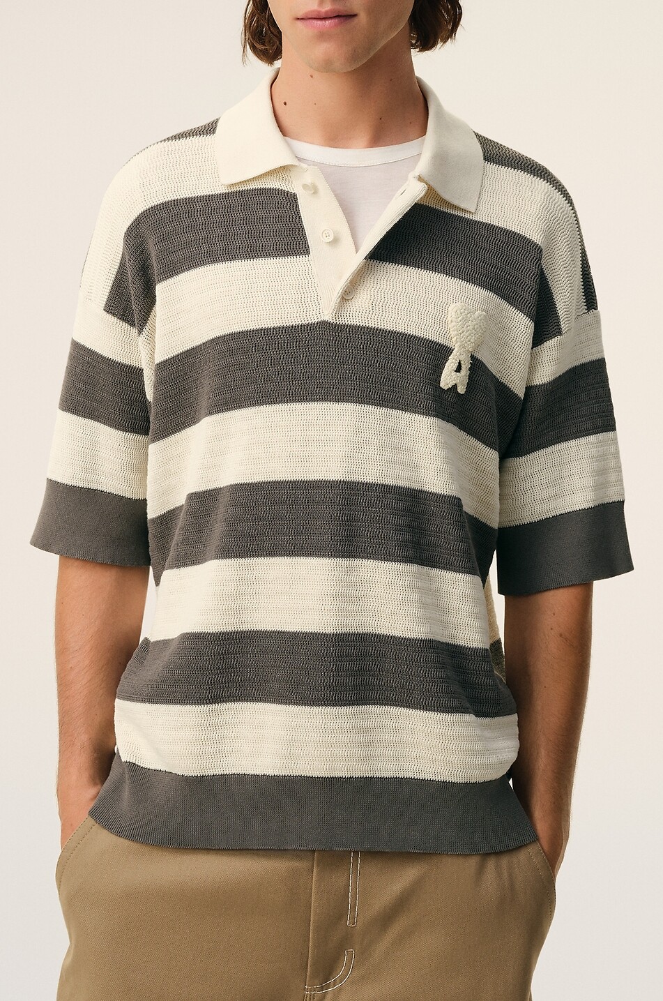 AMI Gestreiftes Polo aus durchbrochenem Baumwollstrick Ami De Coeur Herren MITTELGRAU 5