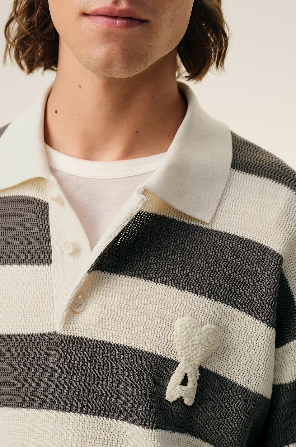AMI Gestreiftes Polo aus durchbrochenem Baumwollstrick Ami De Coeur Herren MITTELGRAU 4