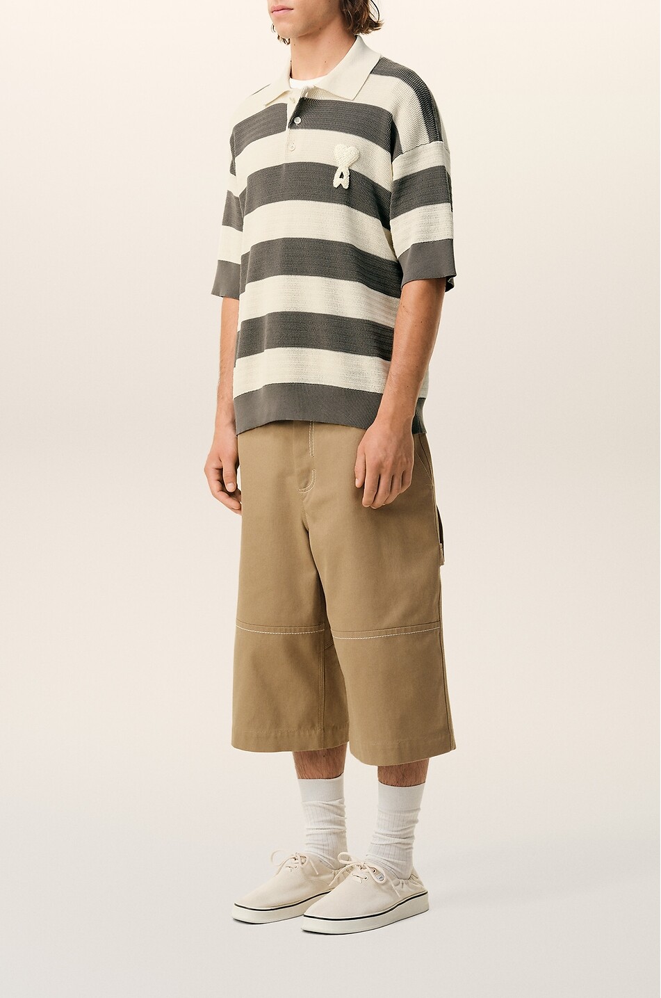 AMI Gestreiftes Polo aus durchbrochenem Baumwollstrick Ami De Coeur Herren MITTELGRAU 6