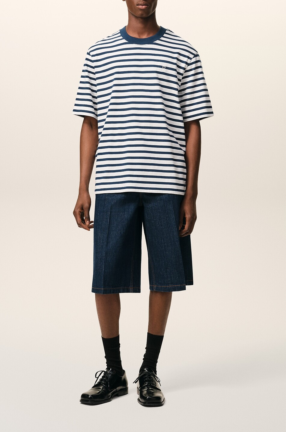 AMI T-shirt à col rond rayé en coton Ami De Coeur Homme BLEU FONCE 4