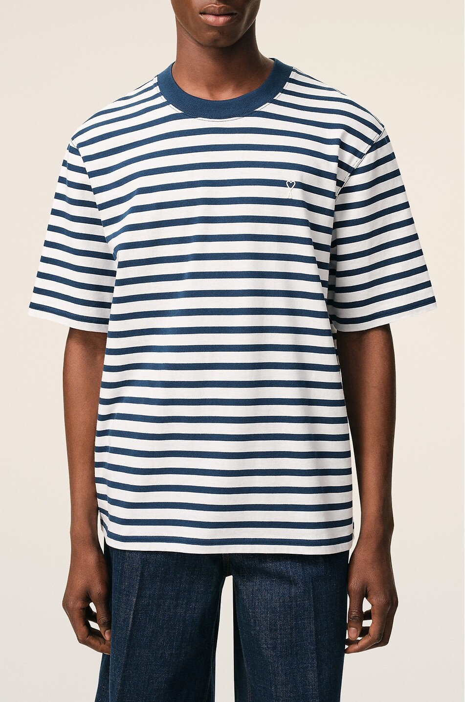 AMI T-shirt à col rond rayé en coton Ami De Coeur Homme BLEU FONCE 7