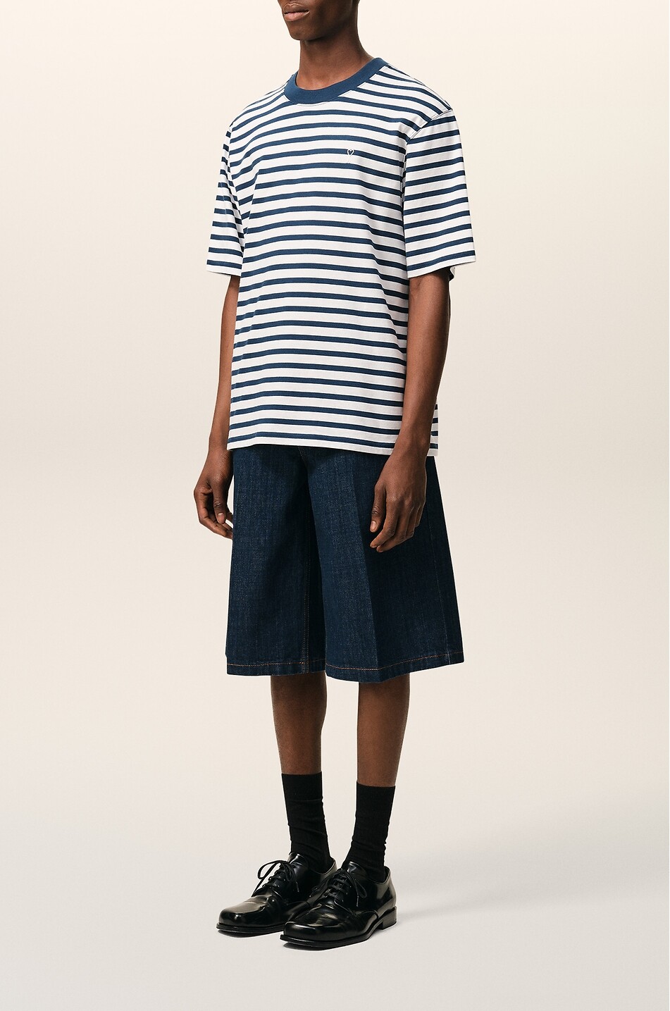 AMI T-shirt à col rond rayé en coton Ami De Coeur Homme BLEU FONCE 3