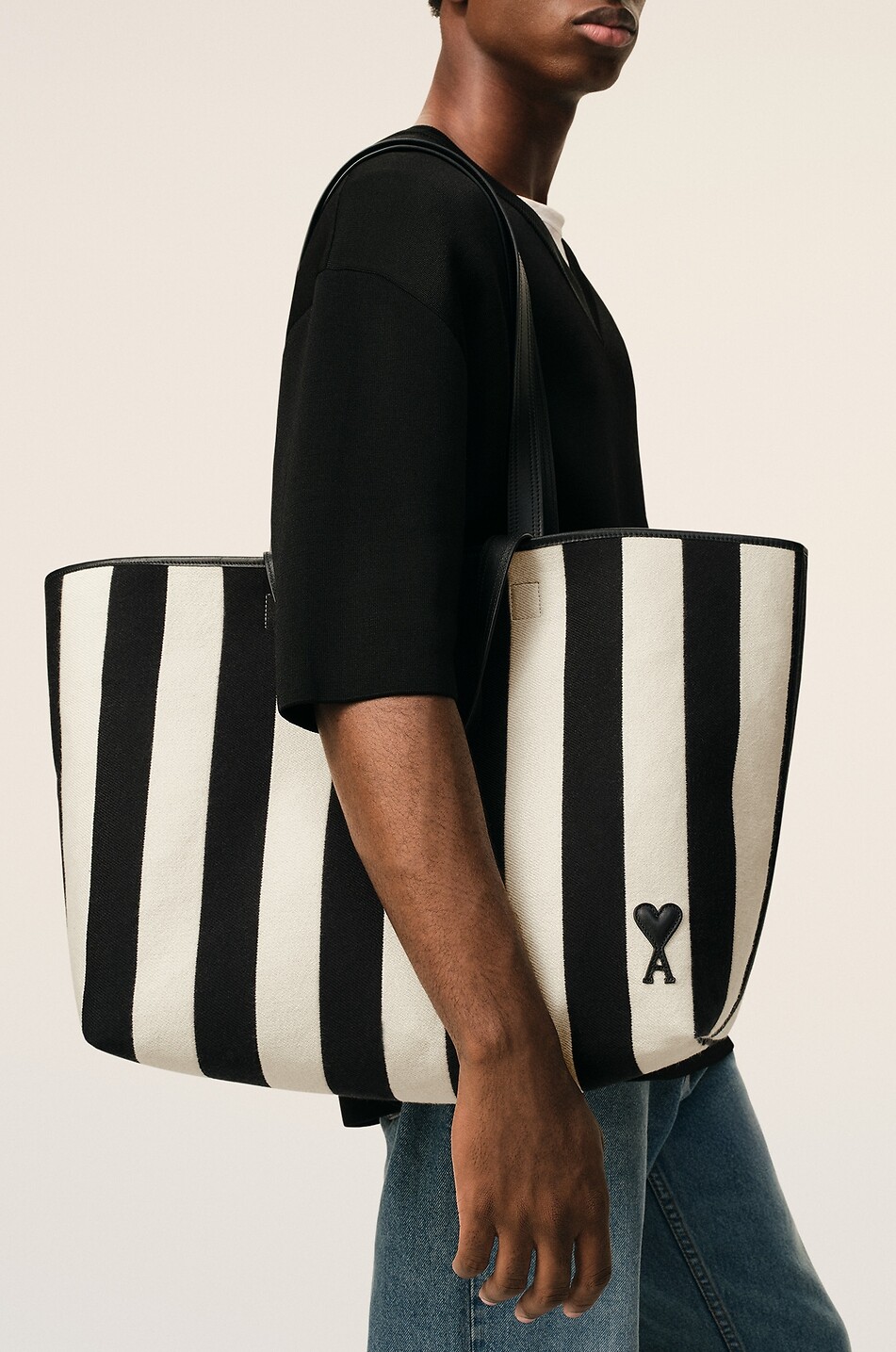 AMI Sac cabas rayé en toile de coton Ami De Coeur Homme NOIR 3