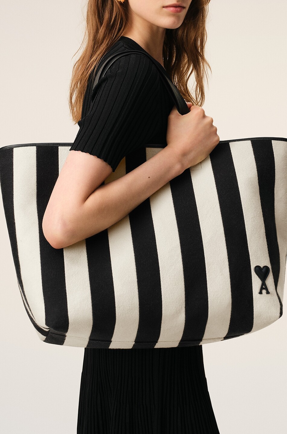 AMI Sac cabas rayé en toile de coton Ami De Coeur Homme NOIR 4