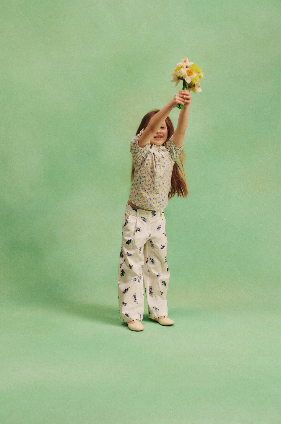 MONNALISA Floral cotton wide-leg pleated girls' trousers Girl EGGSHELL 3