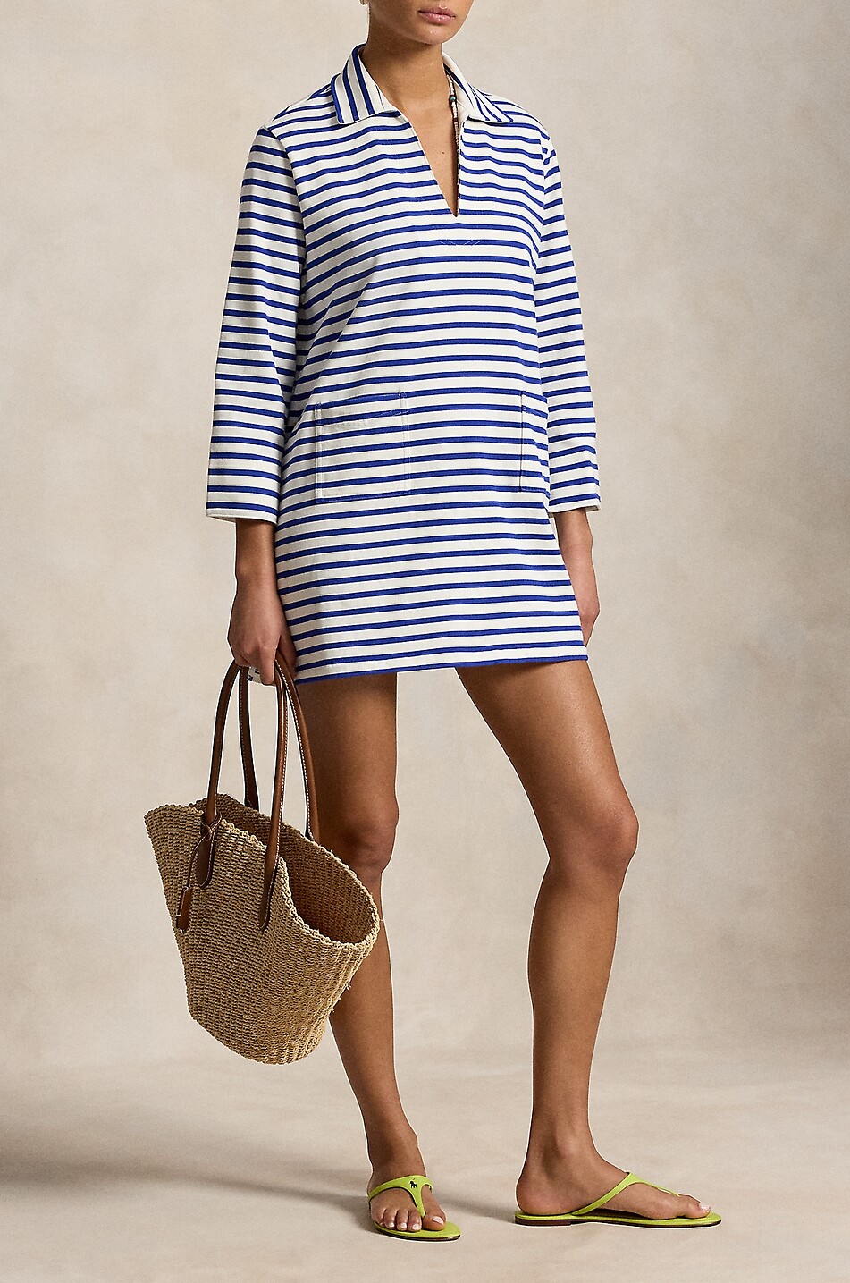 POLO RALPH LAUREN Short striped cotton V-neck shirt dress Women WHITE 5