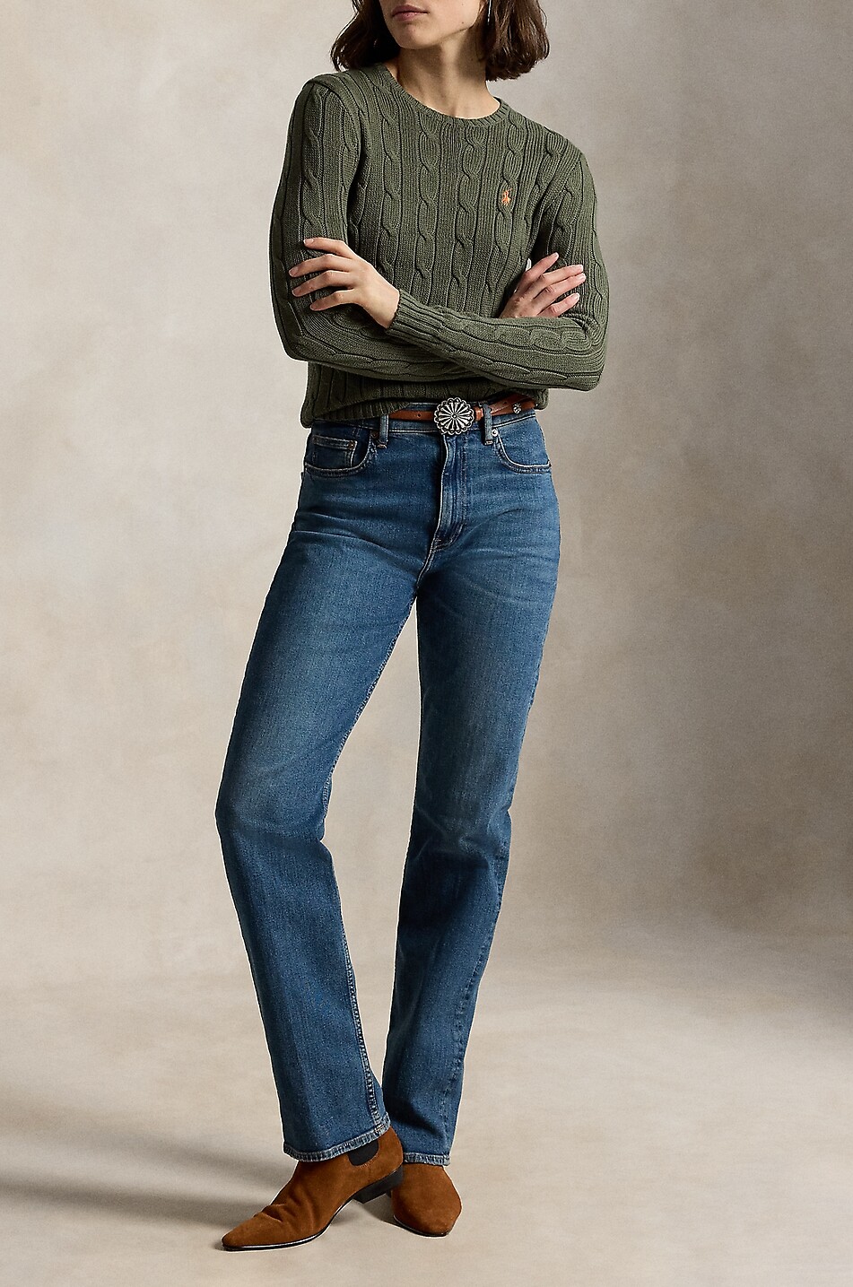 POLO RALPH LAUREN Pull ajusté torsadé à col rond en coton Pony Femme KAKI 4